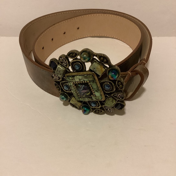 Leatherock 9379 Leather Belt Brown Mosaic Stone Buckle Medium Western Statement
